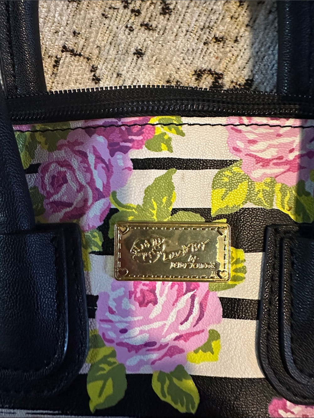 Floral Stripe Tote Handbag with Gold Plaque